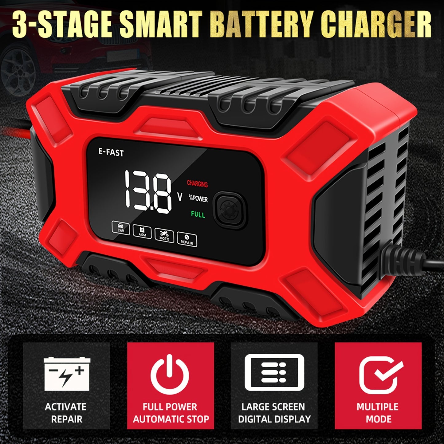 12V 6A Full Automatic Digital Car Battery Charger for Lead Acid AGM Battery Power Puls Repair
