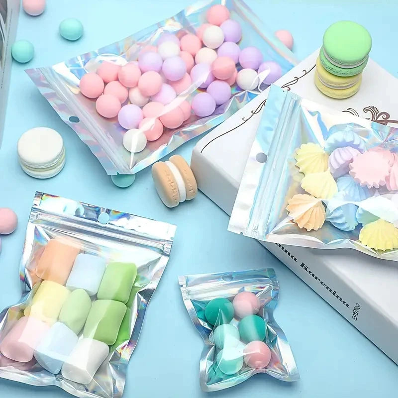 100pcs Holographic Resealable Mylar Bags Ziplock Candy Suger Tee Jewelry Beauty Storage Bag