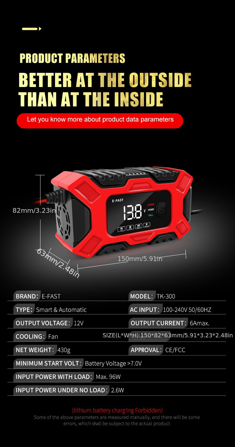 12V 6A Full Automatic Digital Car Battery Charger for Lead Acid AGM Battery Power Puls Repair