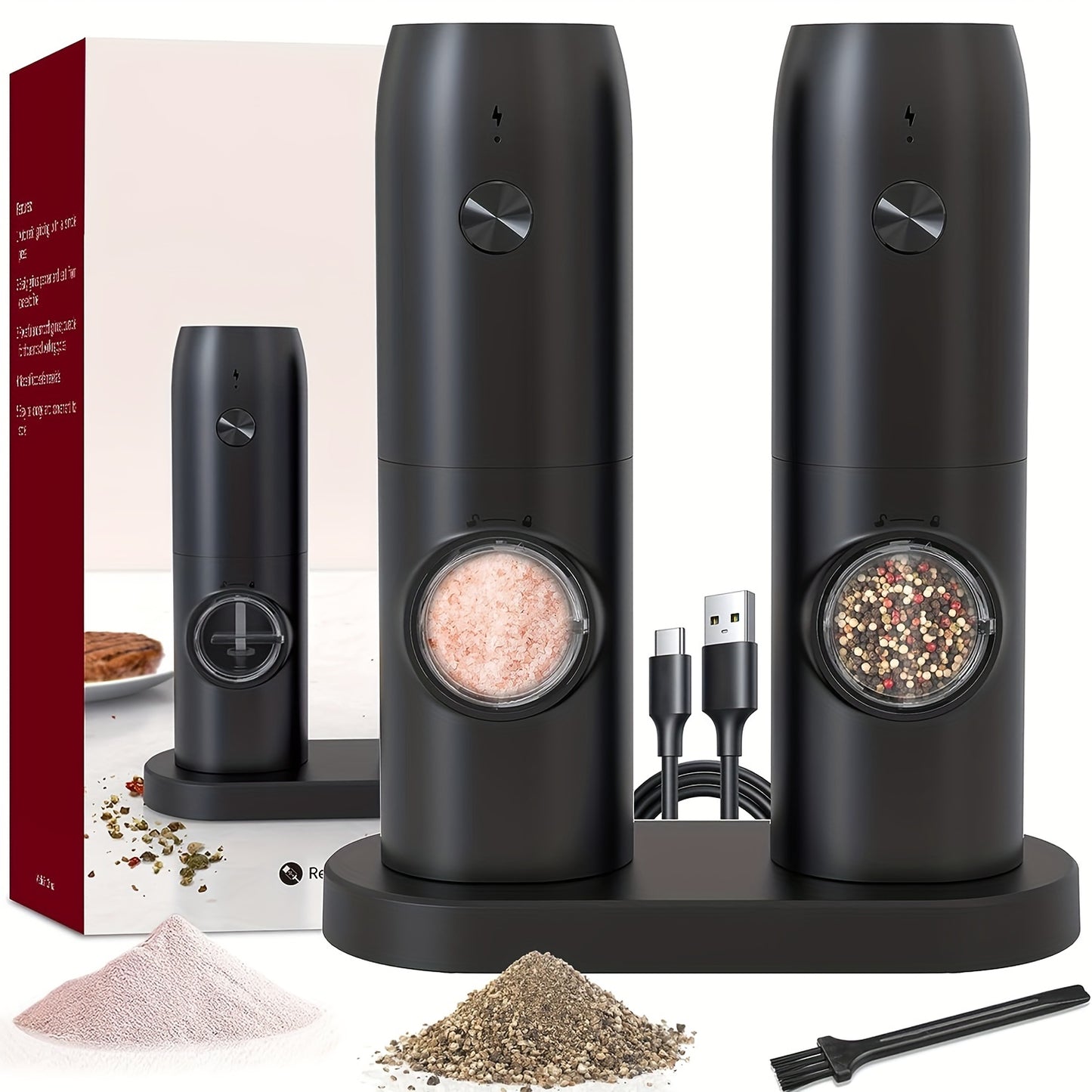 2pcs, Electric Salt And Pepper Grinder Set, USB Rechargeable With LED Light Pepper Mill, One Hand Operation Pepper Grinder, Adjustable Coarseness, Refillable Base, Kitchen Gadgets, Kitchen Supplies, Chrismas Gifts, Halloween