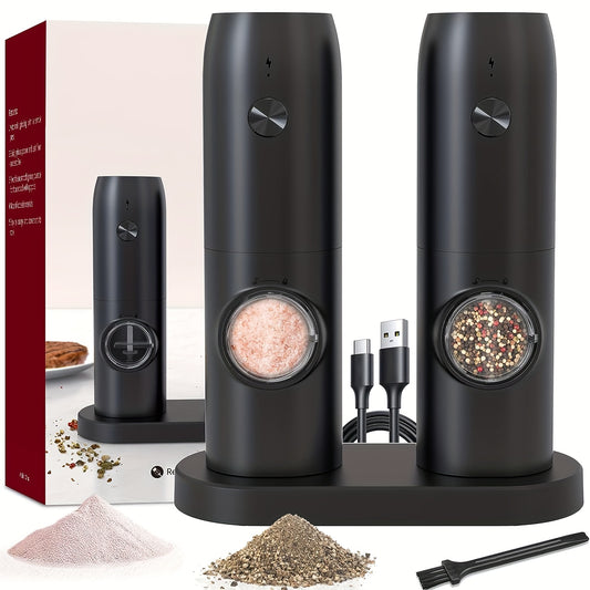 2pcs, Electric Salt And Pepper Grinder Set, USB Rechargeable With LED Light Pepper Mill, One Hand Operation Pepper Grinder, Adjustable Coarseness, Refillable Base, Kitchen Gadgets, Kitchen Supplies, Chrismas Gifts, Halloween