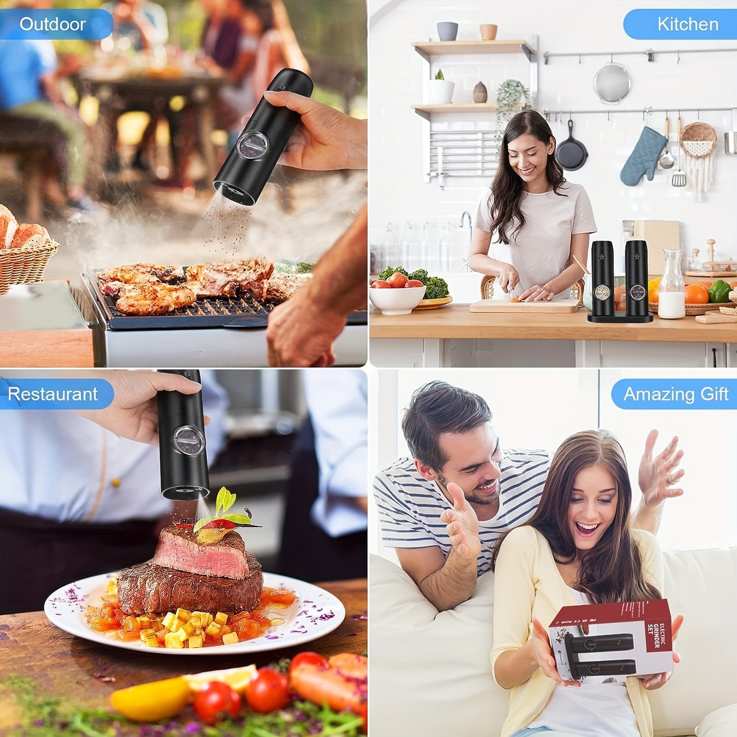 2pcs, Electric Salt And Pepper Grinder Set, USB Rechargeable With LED Light Pepper Mill, One Hand Operation Pepper Grinder, Adjustable Coarseness, Refillable Base, Kitchen Gadgets, Kitchen Supplies, Chrismas Gifts, Halloween