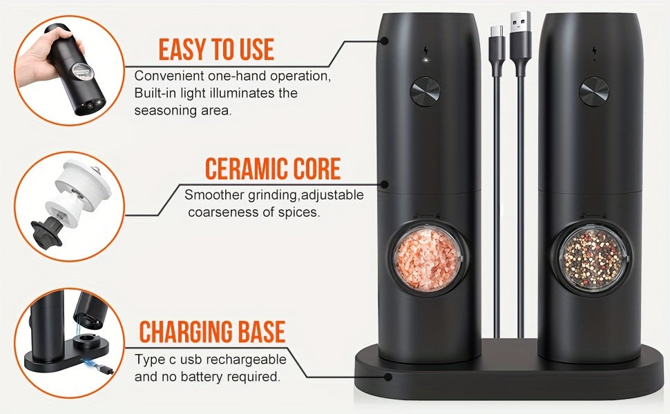 2pcs, Electric Salt And Pepper Grinder Set, USB Rechargeable With LED Light Pepper Mill, One Hand Operation Pepper Grinder, Adjustable Coarseness, Refillable Base, Kitchen Gadgets, Kitchen Supplies, Chrismas Gifts, Halloween