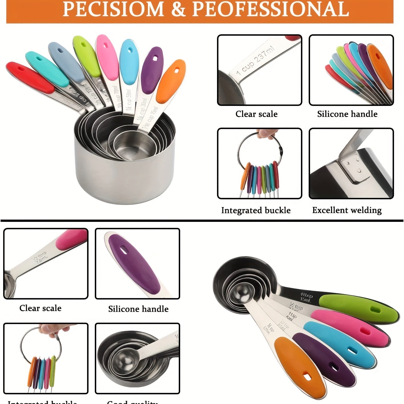 5pcs/8pcs/13pcs, Measuring Cups And Spoons, 8pcs Stainless Steel Measuring Cups, 5pcs Spoons, For Dry And Liquid Ingredient, Kitchen Gadgets, Kitchen Stuff, Kitchen Accessories, Home Kitchen Items