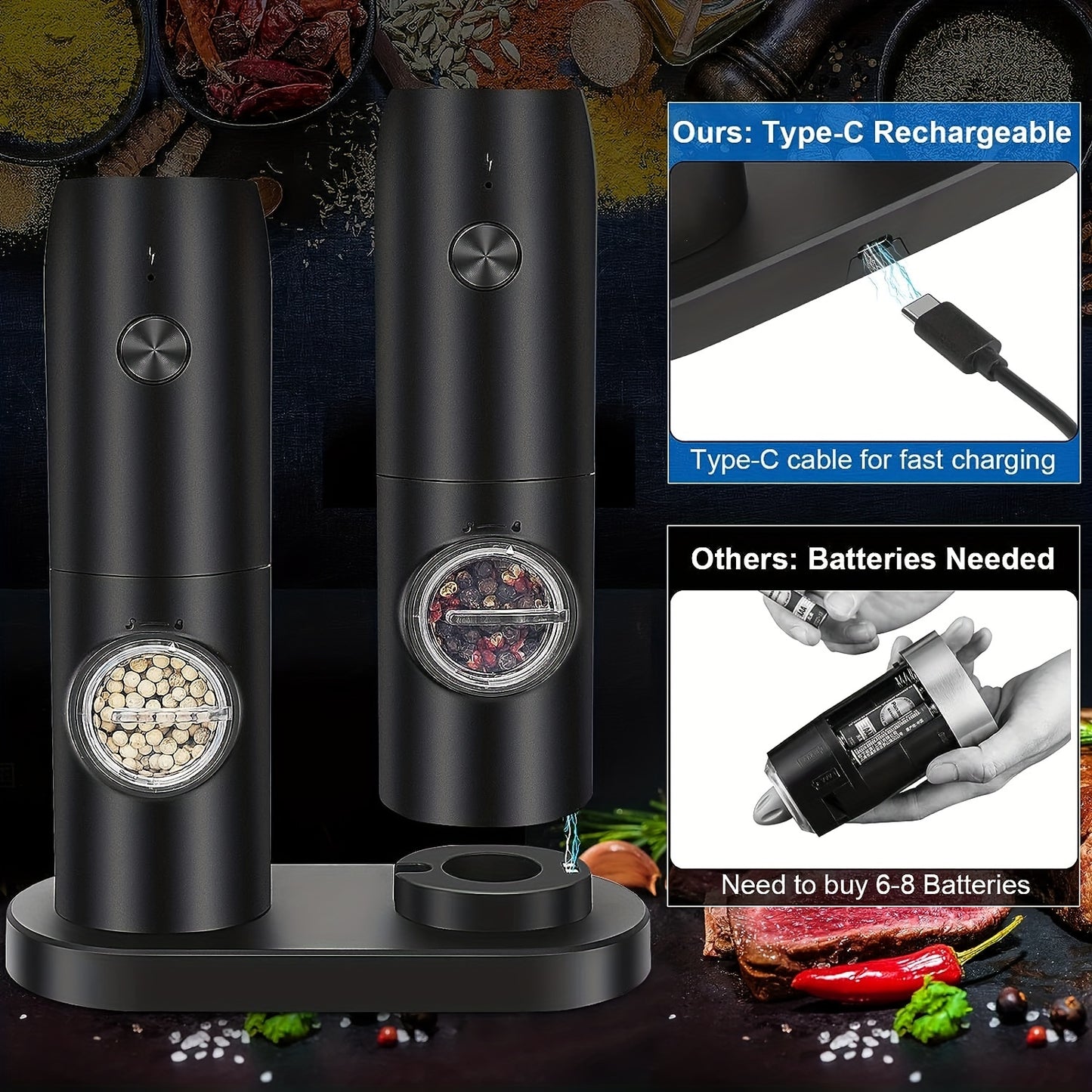 2pcs, Electric Salt And Pepper Grinder Set, USB Rechargeable With LED Light Pepper Mill, One Hand Operation Pepper Grinder, Adjustable Coarseness, Refillable Base, Kitchen Gadgets, Kitchen Supplies, Chrismas Gifts, Halloween