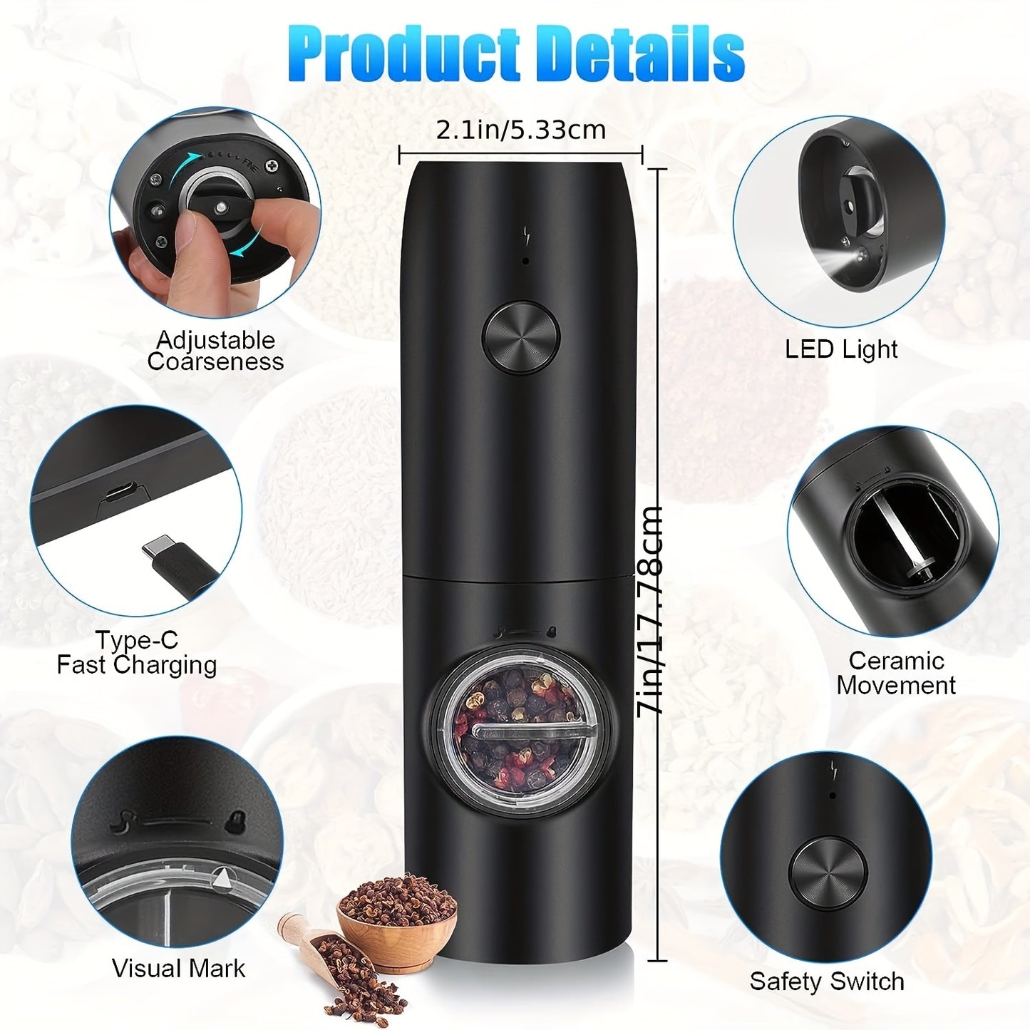 2pcs, Electric Salt And Pepper Grinder Set, USB Rechargeable With LED Light Pepper Mill, One Hand Operation Pepper Grinder, Adjustable Coarseness, Refillable Base, Kitchen Gadgets, Kitchen Supplies, Chrismas Gifts, Halloween