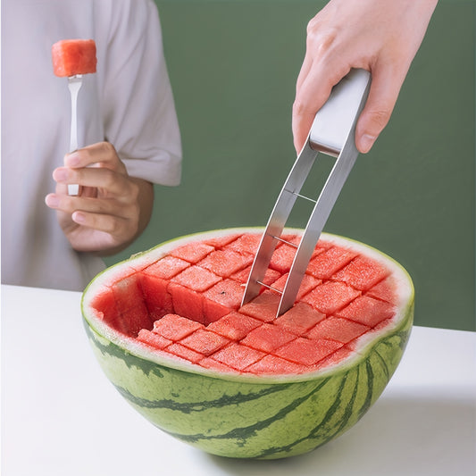 3pcs Stainless Steel Watermelon Slicer, Creative Watermelon Cutter, Reusable Fruit Divider With 2 Forks, Kitchen Gadgets, Kitchen Supplies