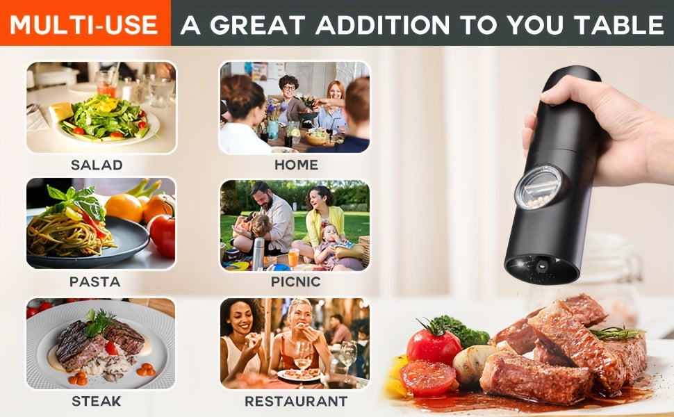 2pcs, Electric Salt And Pepper Grinder Set, USB Rechargeable With LED Light Pepper Mill, One Hand Operation Pepper Grinder, Adjustable Coarseness, Refillable Base, Kitchen Gadgets, Kitchen Supplies, Chrismas Gifts, Halloween