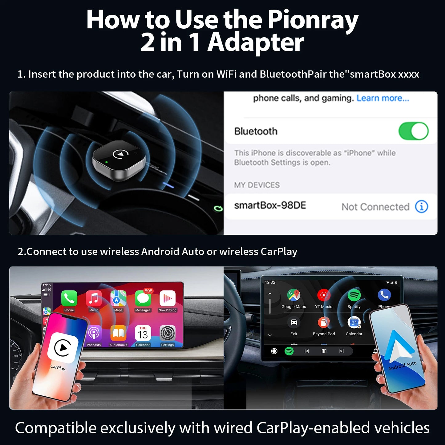 New Pionray 2 in 1 Wireless CarPlay Adapter&Android Auto Wireless Adapter, 5Ghz WiFi Type-C/USB Plug Play CarPlay Wireless