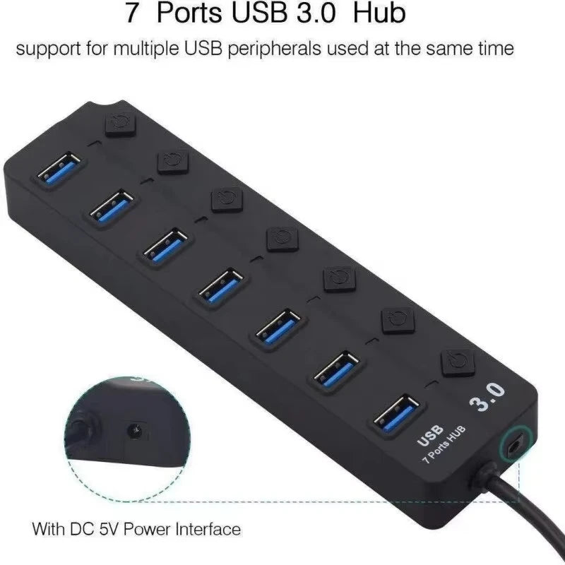 USB Port Hub 7 Ports USB Hub for PC, USB Splitter Extender with Individual On/Off Switches Compatible for MacBook