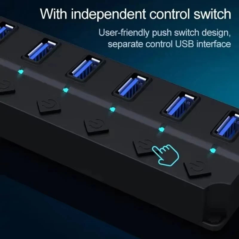 USB Port Hub 7 Ports USB Hub for PC, USB Splitter Extender with Individual On/Off Switches Compatible for MacBook