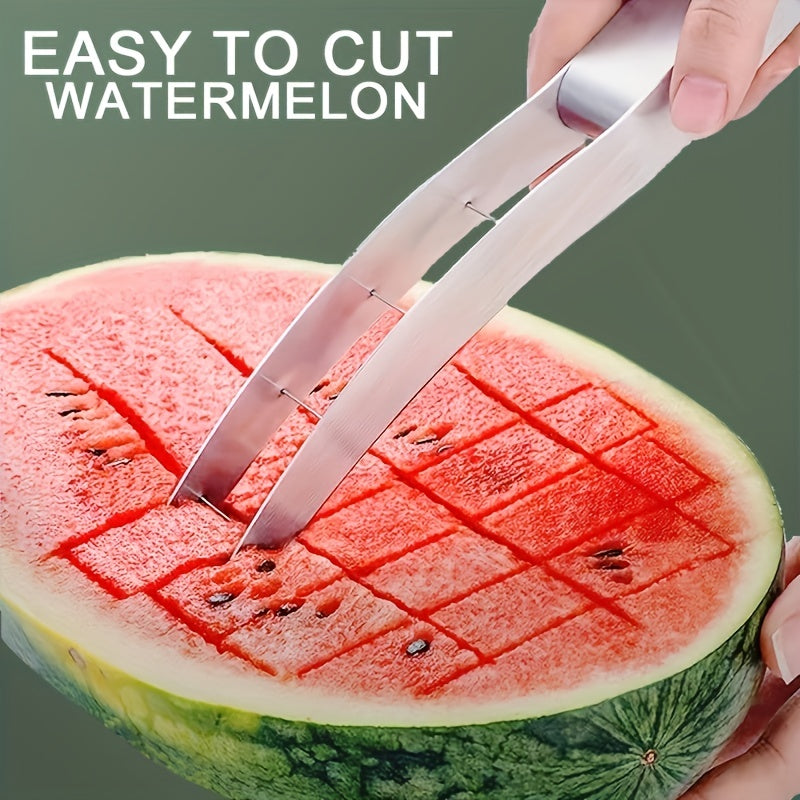 3pcs Stainless Steel Watermelon Slicer, Creative Watermelon Cutter, Reusable Fruit Divider With 2 Forks, Kitchen Gadgets, Kitchen Supplies