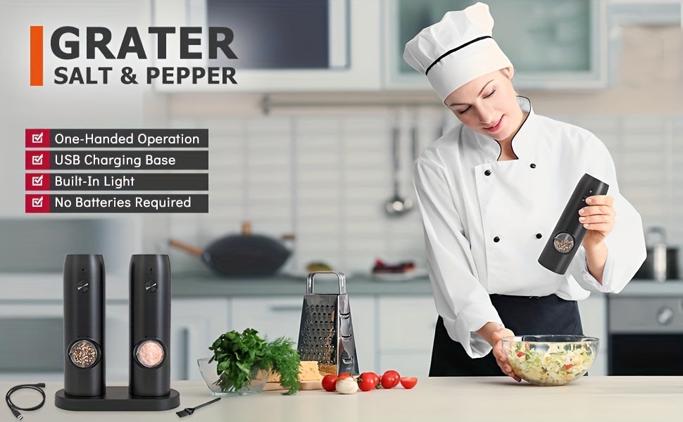 2pcs, Electric Salt And Pepper Grinder Set, USB Rechargeable With LED Light Pepper Mill, One Hand Operation Pepper Grinder, Adjustable Coarseness, Refillable Base, Kitchen Gadgets, Kitchen Supplies, Chrismas Gifts, Halloween