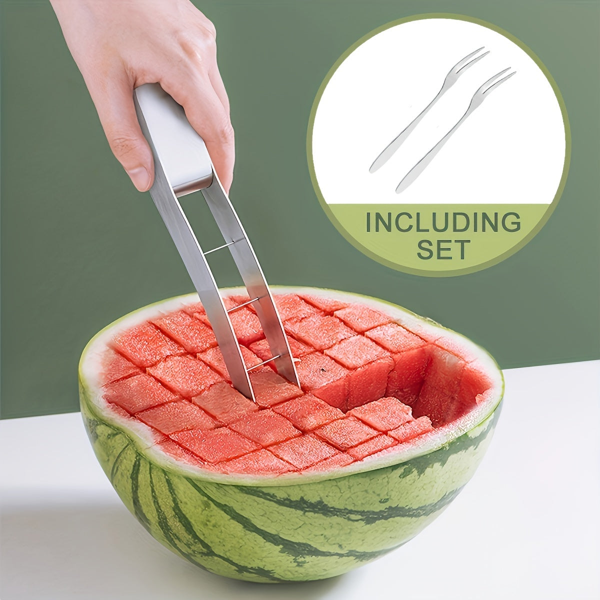3pcs Stainless Steel Watermelon Slicer, Creative Watermelon Cutter, Reusable Fruit Divider With 2 Forks, Kitchen Gadgets, Kitchen Supplies
